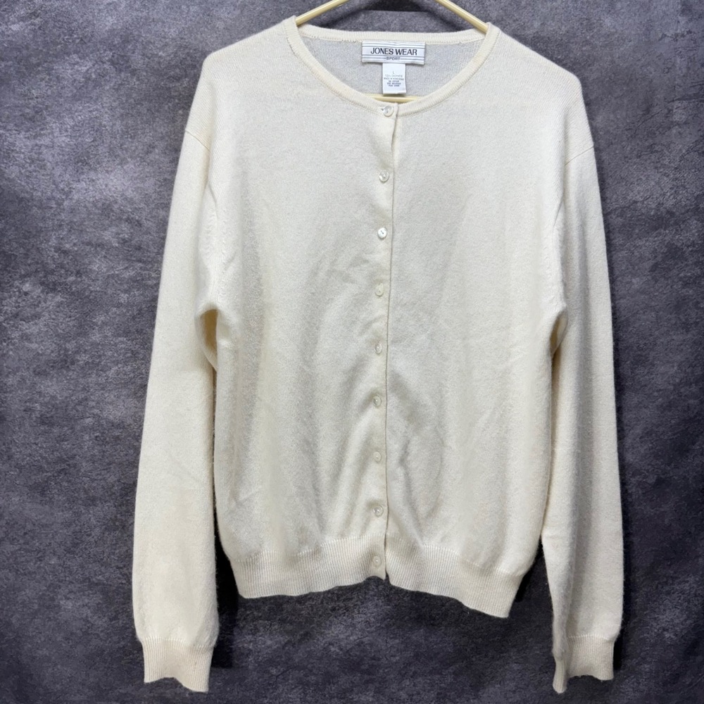 VTG Jones Wear Sport 100% Cashmere Cardigan Sweater Size L Cream Minimalist